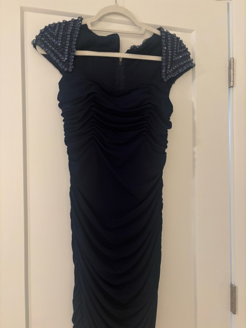 Beaded Shoulder Ruched Midi Dress in Navy
